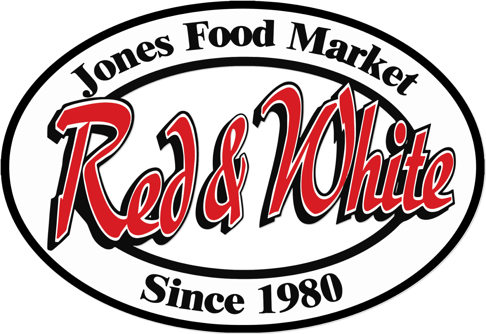 A theme logo of Jones Food Market Red & White